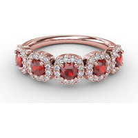 Five Stone Ring with Round Rubies and Pavé Set Diamond Halos by Fana - 1.05 Carat Total Gemstone Weight