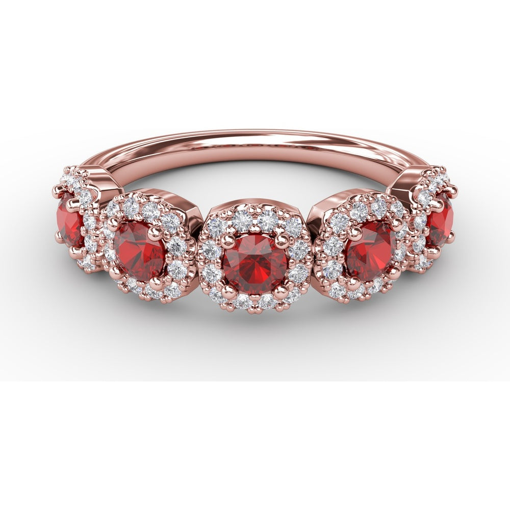 Five Stone Ring with Round Rubies and Pavé Set Diamond Halos by Fana - 1.05 Carat Total Gemstone Weight