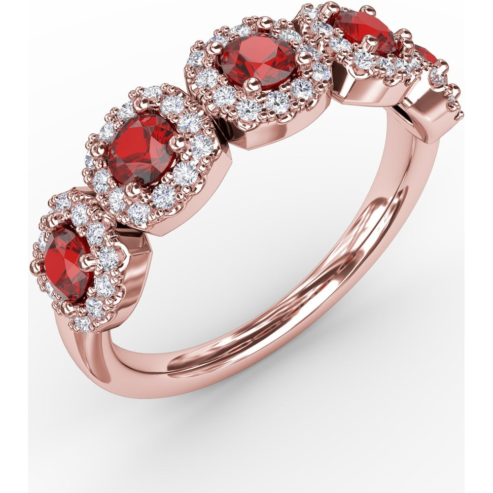 Five Stone Ring with Round Rubies and Pavé Set Diamond Halos by Fana - 1.05 Carat Total Gemstone Weight