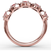 Five Stone Ring with Round Rubies and Pavé Set Diamond Halos by Fana - 1.05 Carat Total Gemstone Weight