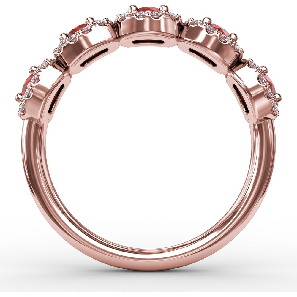 Five Stone Ring with Round Rubies and Pavé Set Diamond Halos by Fana - 1.05 Carat Total Gemstone Weight