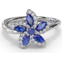Floral Bypass Ring with Round and Marquise Sapphires and Pavé Diamond Halo by Fana - 0.80 Carat Total Gemstone Weight