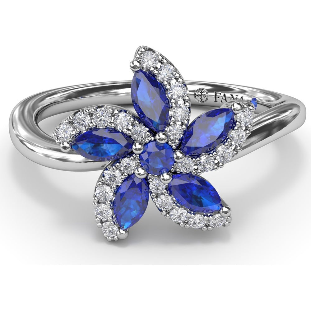 Floral Bypass Ring with Round and Marquise Sapphires and Pavé Diamond Halo by Fana - 0.80 Carat Total Gemstone Weight