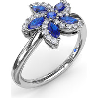 Floral Bypass Ring with Round and Marquise Sapphires and Pavé Diamond Halo by Fana - 0.80 Carat Total Gemstone Weight