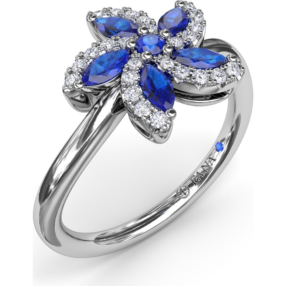 Floral Bypass Ring with Round and Marquise Sapphires and Pavé Diamond Halo by Fana - 0.80 Carat Total Gemstone Weight