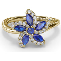 Floral Bypass Ring with Round and Marquise Sapphires and Pavé Diamond Halo by Fana - 0.80 Carat Total Gemstone Weight
