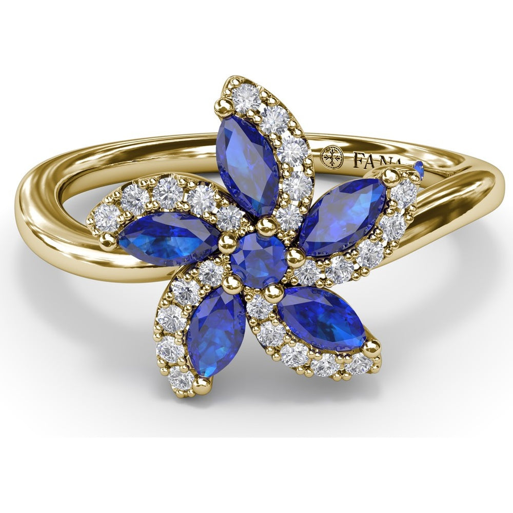 Floral Bypass Ring with Round and Marquise Sapphires and Pavé Diamond Halo by Fana - 0.80 Carat Total Gemstone Weight