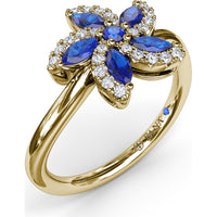 Floral Bypass Ring with Round and Marquise Sapphires and Pavé Diamond Halo by Fana - 0.80 Carat Total Gemstone Weight