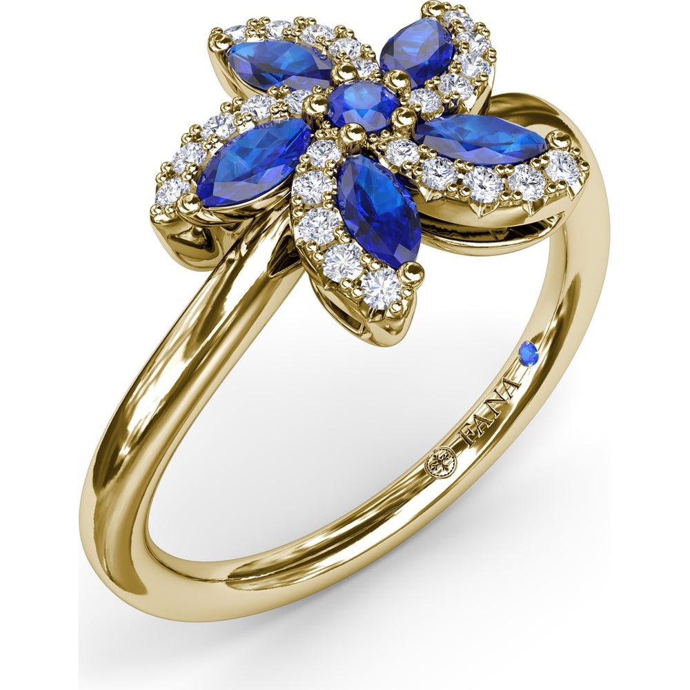 Floral Bypass Ring with Round and Marquise Sapphires and Pavé Diamond Halo by Fana - 0.80 Carat Total Gemstone Weight