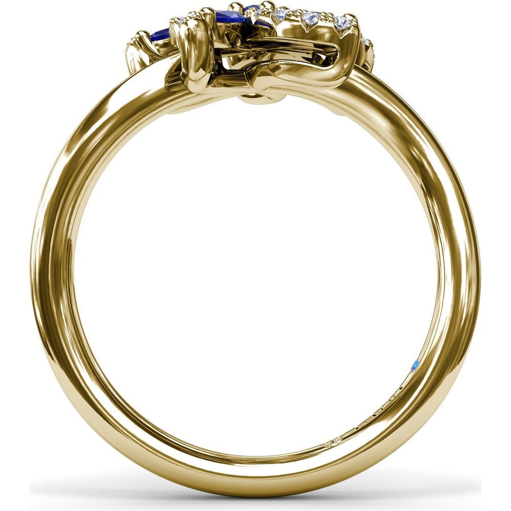 Floral Bypass Ring with Round and Marquise Sapphires and Pavé Diamond Halo by Fana - 0.80 Carat Total Gemstone Weight