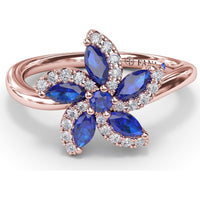 Floral Bypass Ring with Round and Marquise Sapphires and Pavé Diamond Halo by Fana - 0.80 Carat Total Gemstone Weight