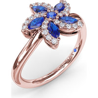 Floral Bypass Ring with Round and Marquise Sapphires and Pavé Diamond Halo by Fana - 0.80 Carat Total Gemstone Weight