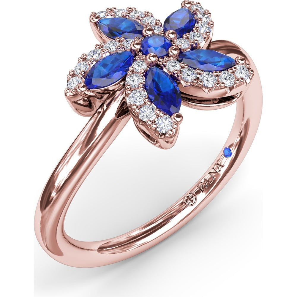 Floral Bypass Ring with Round and Marquise Sapphires and Pavé Diamond Halo by Fana - 0.80 Carat Total Gemstone Weight