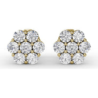 Floral Cluster Diamond Stud Earrings with Prong Set Round Diamonds by Fana - 1.68 Carat Total Diamond Weight