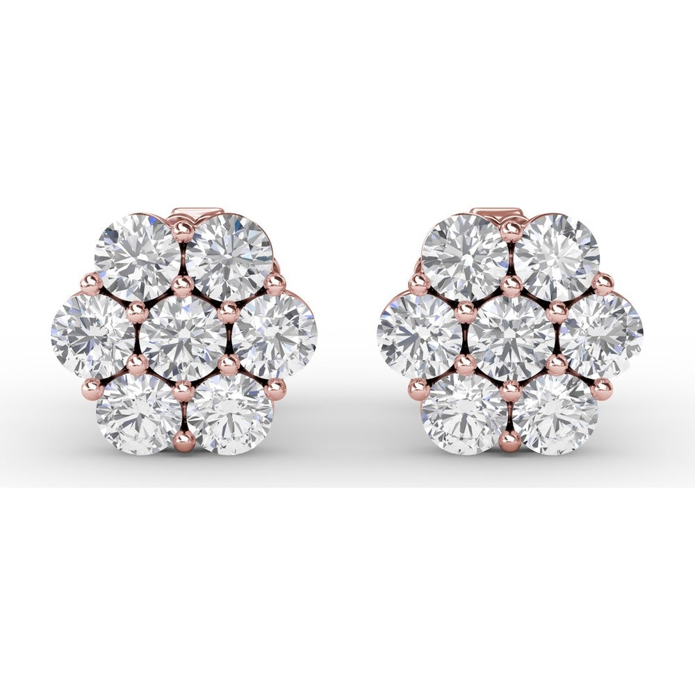 Floral Cluster Diamond Stud Earrings with Prong Set Round Diamonds by Fana - 1.68 Carat Total Diamond Weight