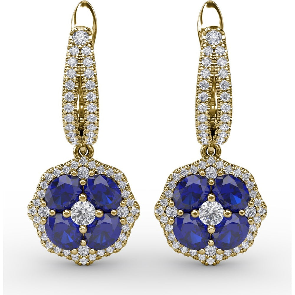 Floral Cluster Drop Earrings with Round Sapphires and Pavé Diamonds by Fana - 2.59 Carat Total Gemstone Weight