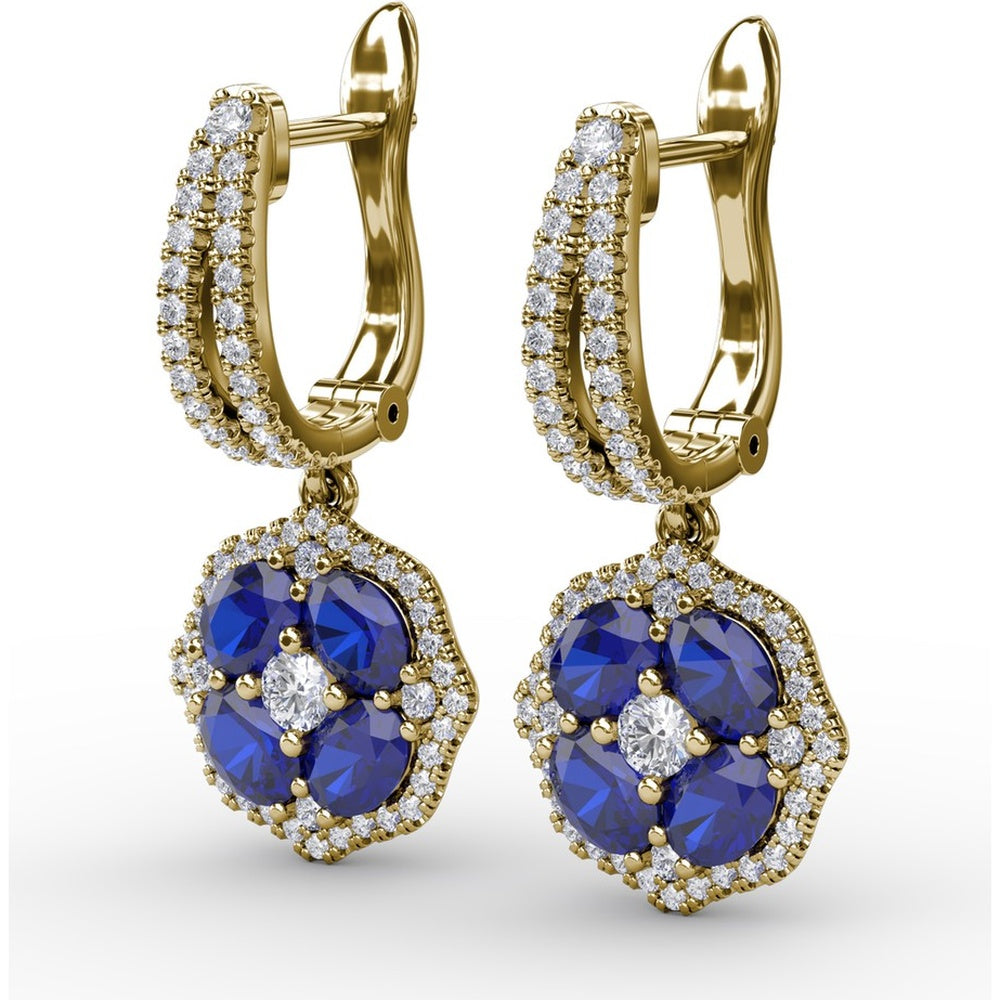 Floral Cluster Drop Earrings with Round Sapphires and Pavé Diamonds by Fana - 2.59 Carat Total Gemstone Weight