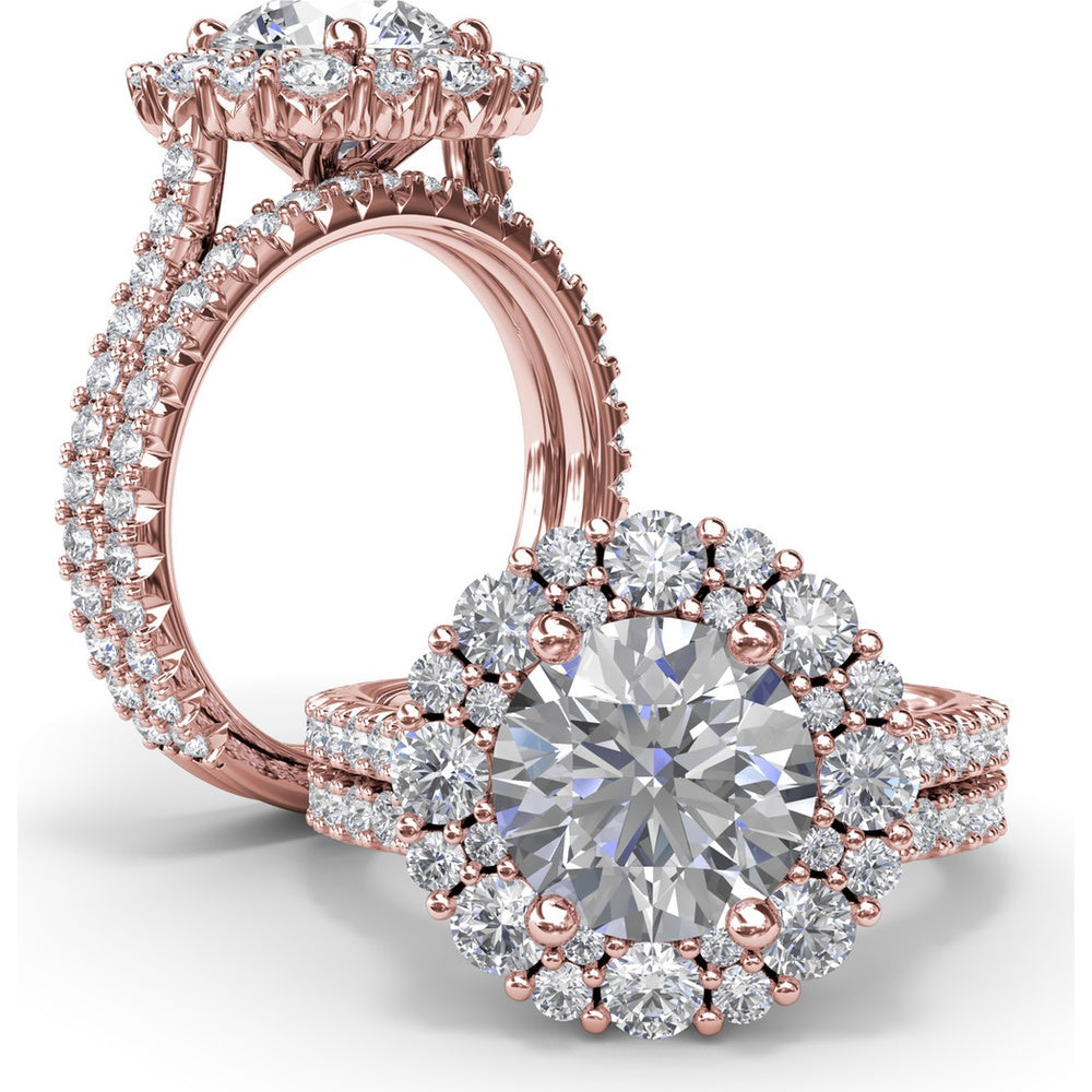 Floral Cluster Halo Split Shank Engagement Ring Setting with Pavé Diamonds by Fana - 1.14 Carat Total Diamond Weight