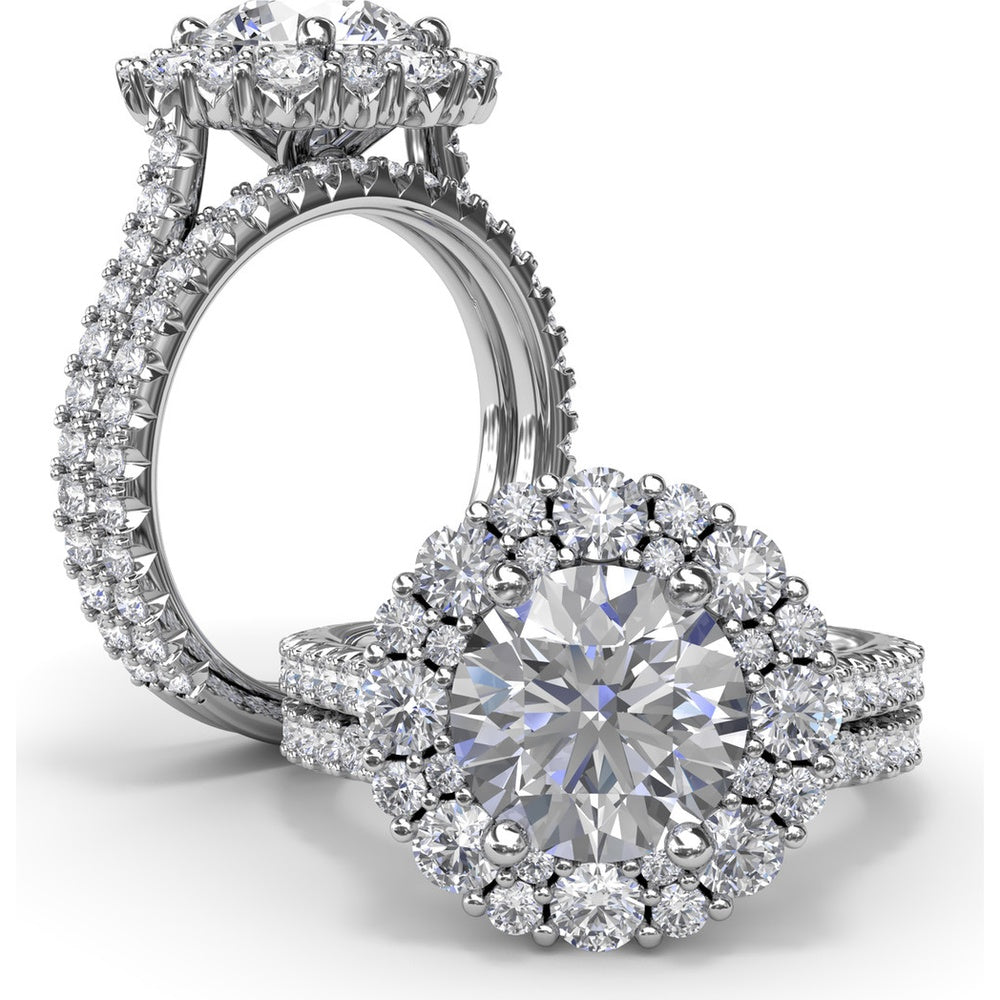 Floral Cluster Halo Split Shank Engagement Ring Setting with Pavé Diamonds by Fana - 1.14 Carat Total Diamond Weight