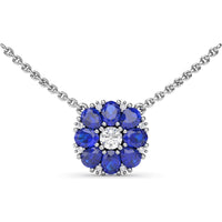 Floral Cluster Necklace with Round Diamond Center and Oval Sapphire Petals by Fana - 2.05 Carat Total Gemstone Weight