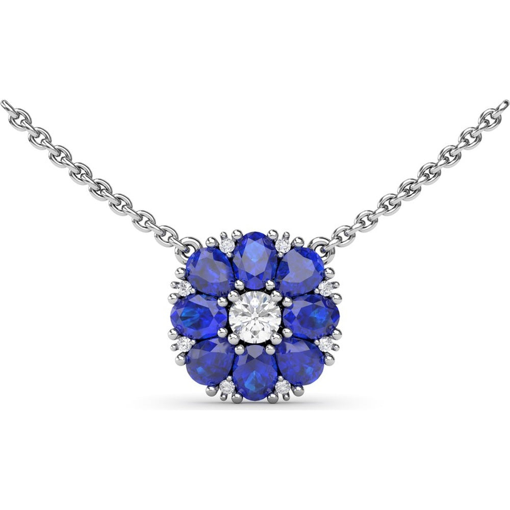 Floral Cluster Necklace with Round Diamond Center and Oval Sapphire Petals by Fana - 2.05 Carat Total Gemstone Weight