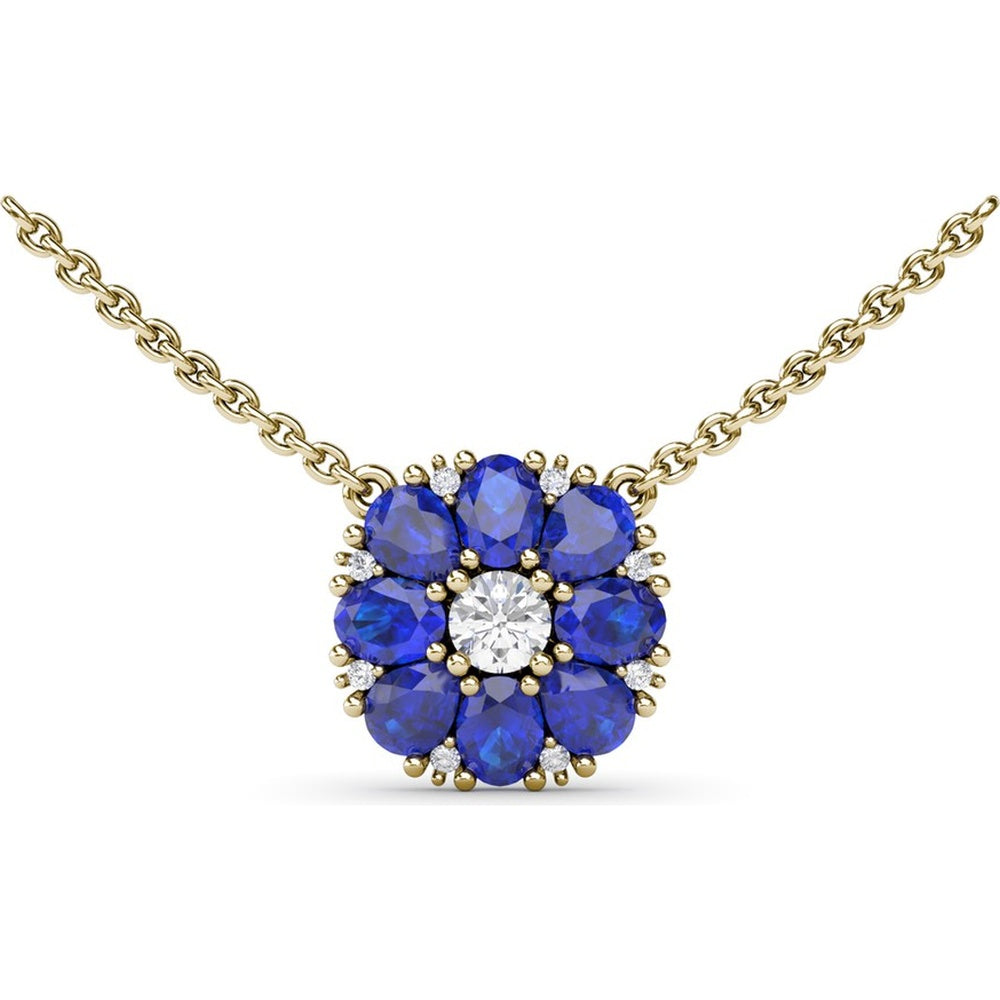 Floral Cluster Necklace with Round Diamond Center and Oval Sapphire Petals by Fana - 2.05 Carat Total Gemstone Weight