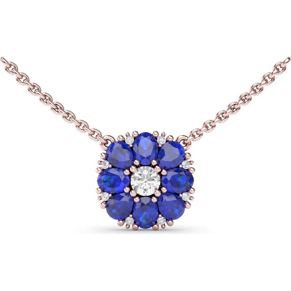 Floral Cluster Necklace with Round Diamond Center and Oval Sapphire Petals by Fana - 2.05 Carat Total Gemstone Weight