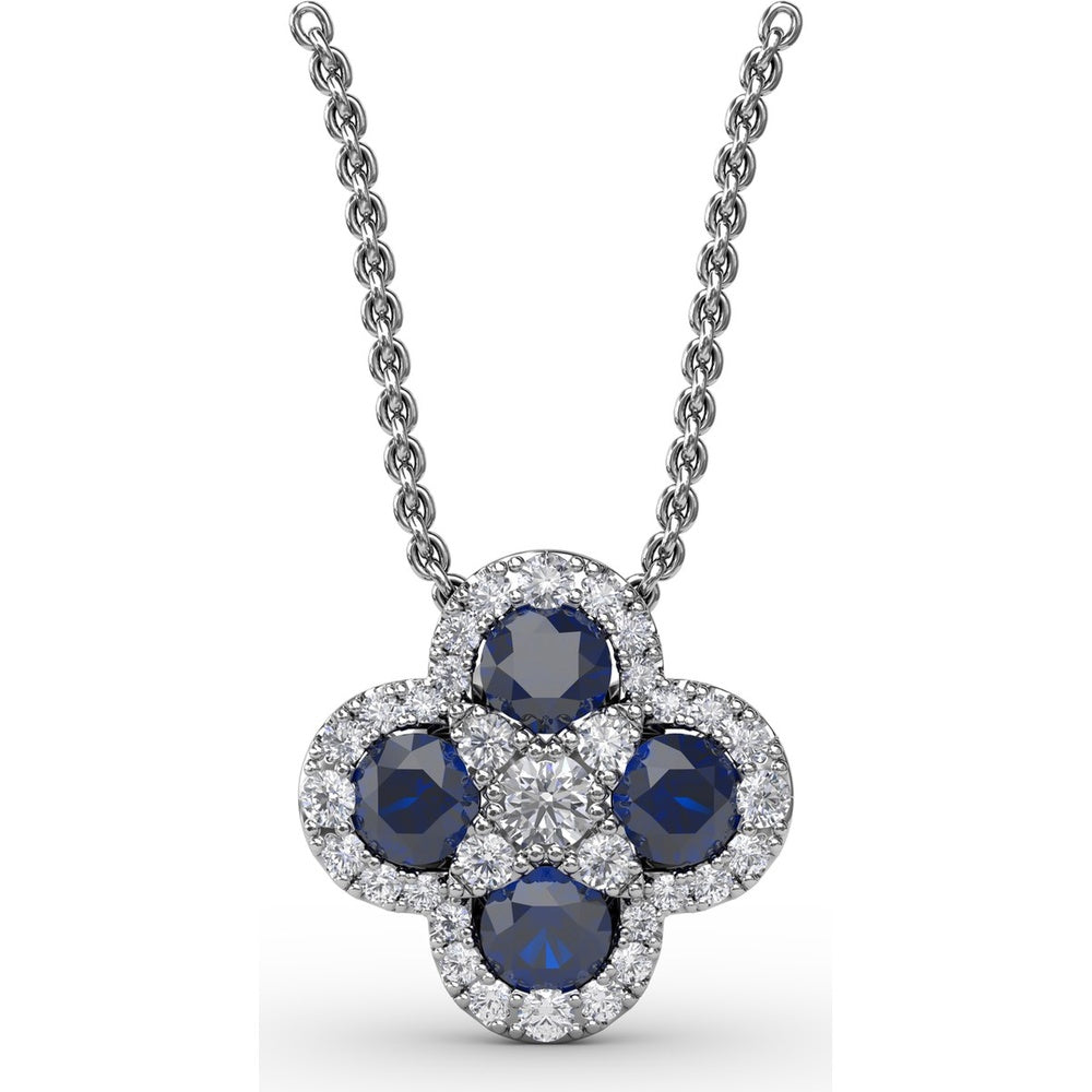 Floral Cluster Pendant with Round Sapphires and Diamond Halos by Fana - 1.63 Carat Total Gemstone Weight