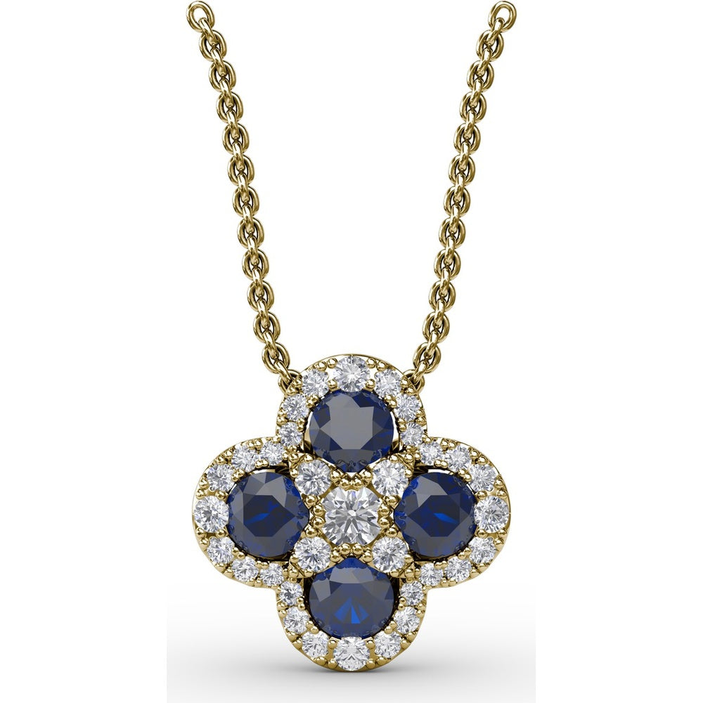 Floral Cluster Pendant with Round Sapphires and Diamond Halos by Fana - 1.63 Carat Total Gemstone Weight