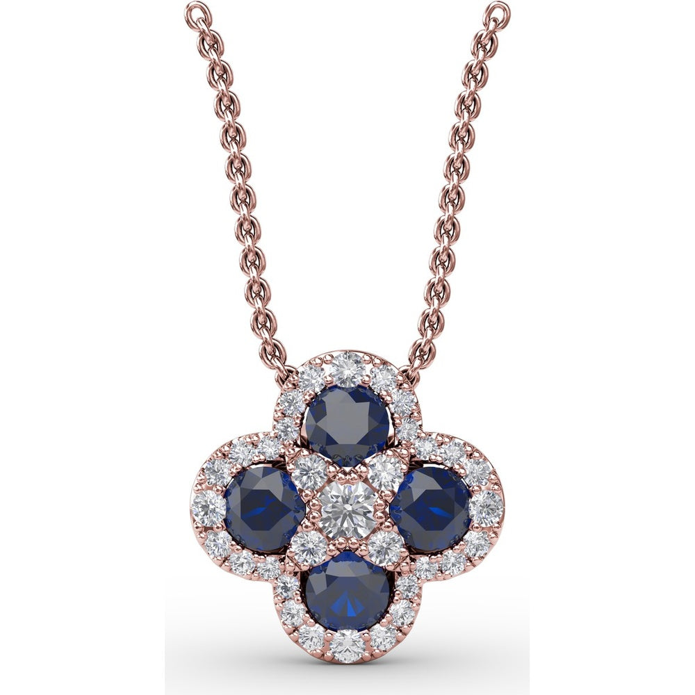 Floral Cluster Pendant with Round Sapphires and Diamond Halos by Fana - 1.63 Carat Total Gemstone Weight
