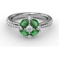 Floral Cluster Ring with Four Oval Emeralds and Pavé Diamond Band by Fana - 1.10 Carat Total Gemstone Weight
