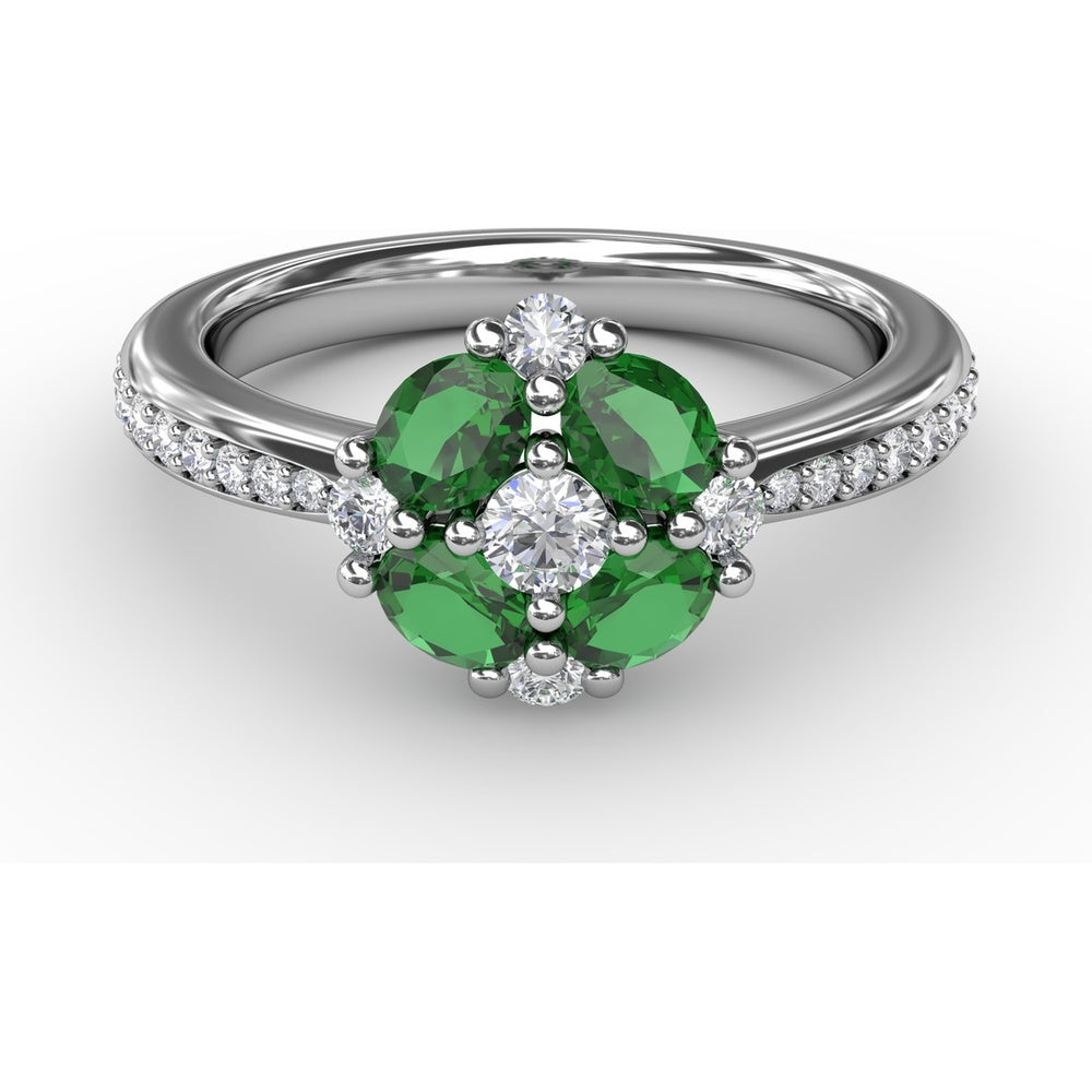Floral Cluster Ring with Four Oval Emeralds and Pavé Diamond Band by Fana - 1.10 Carat Total Gemstone Weight