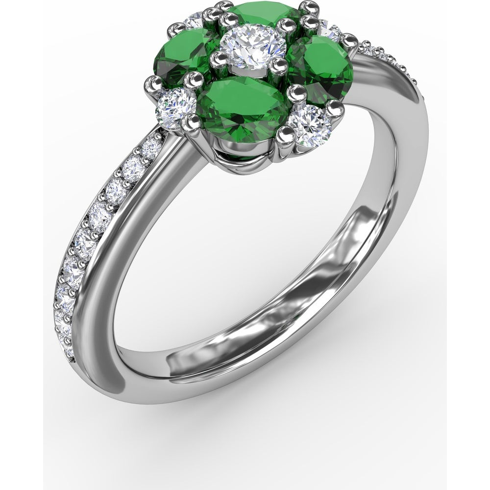 Floral Cluster Ring with Four Oval Emeralds and Pavé Diamond Band by Fana - 1.10 Carat Total Gemstone Weight