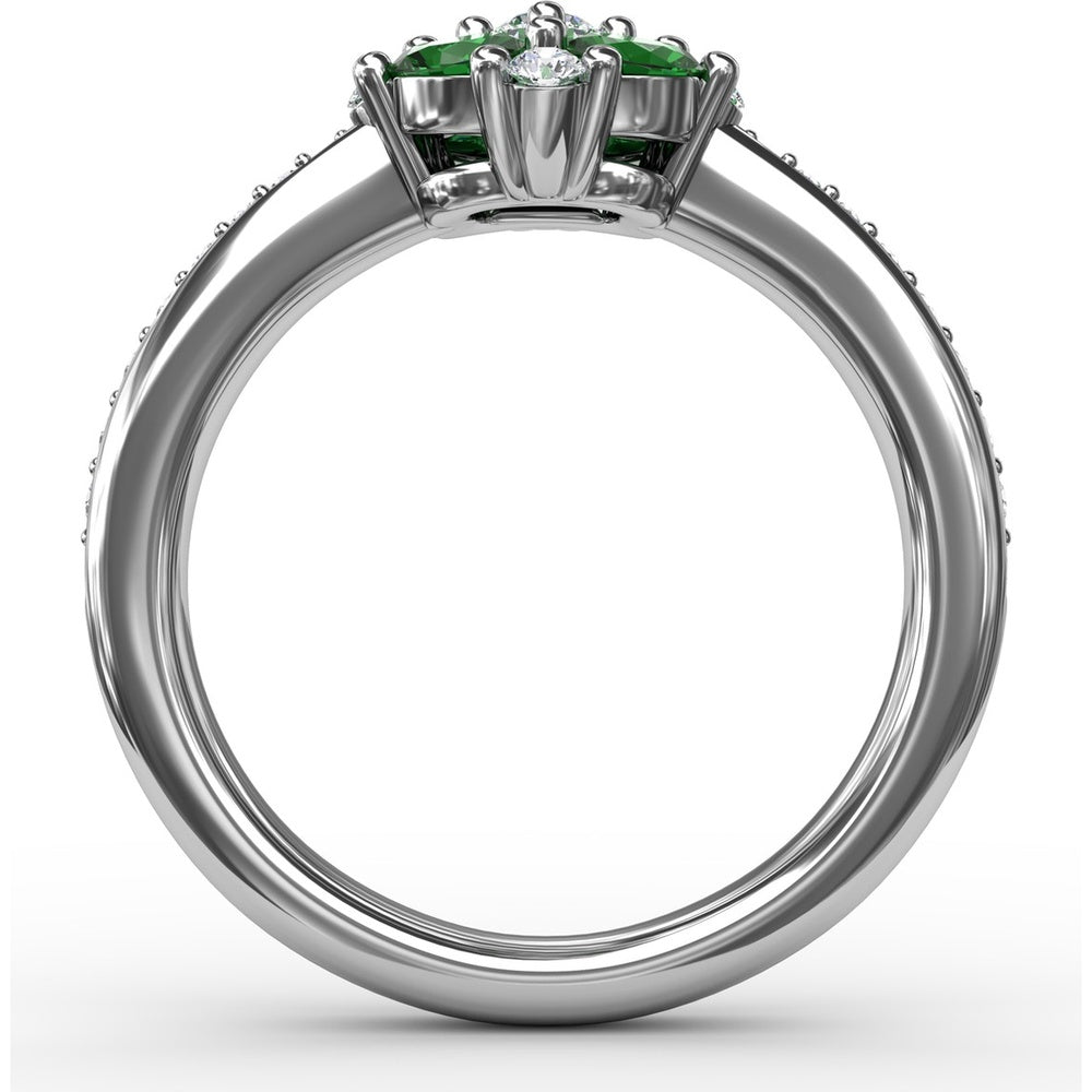 Floral Cluster Ring with Four Oval Emeralds and Pavé Diamond Band by Fana - 1.10 Carat Total Gemstone Weight