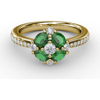 Floral Cluster Ring with Four Oval Emeralds and Pavé Diamond Band by Fana - 1.10 Carat Total Gemstone Weight