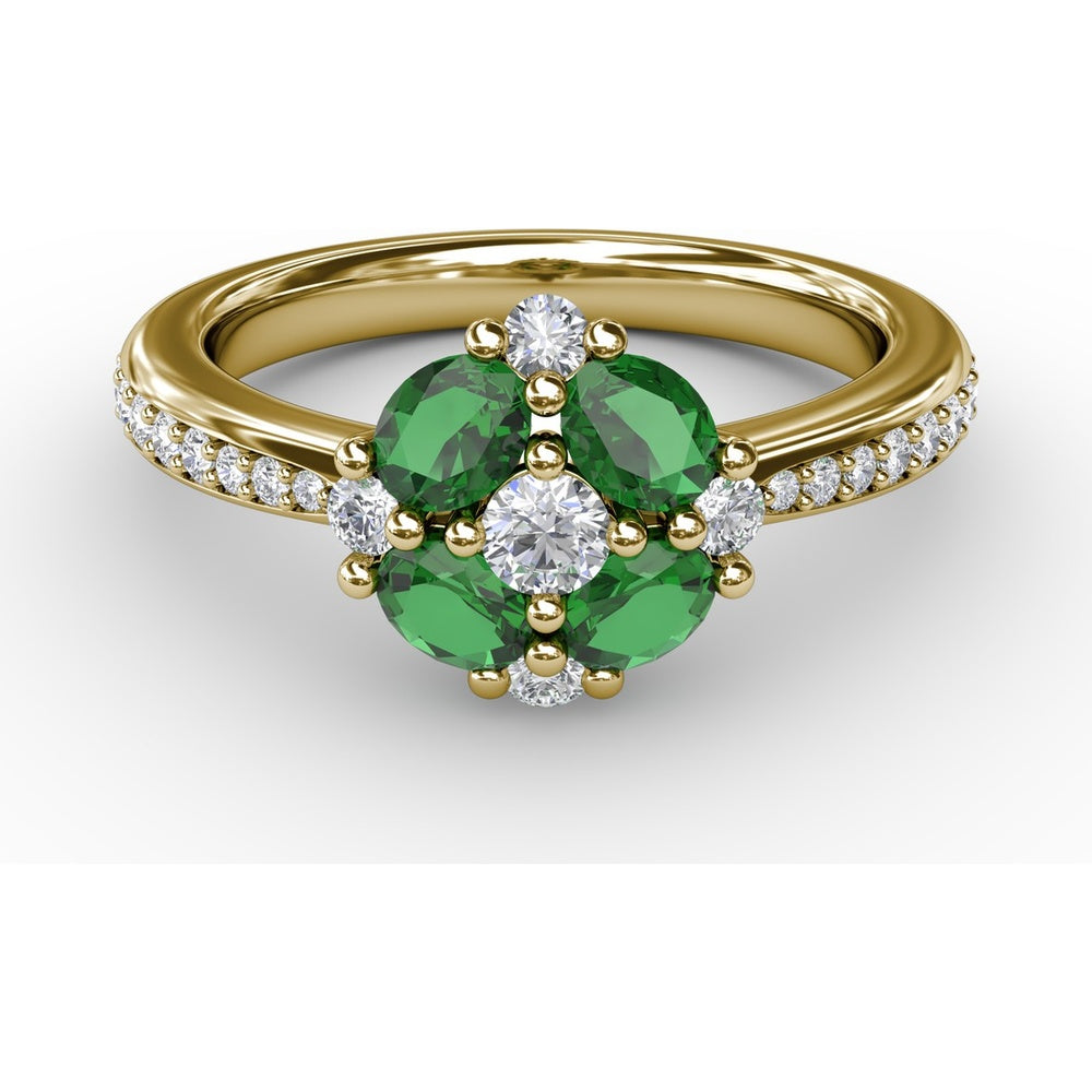 Floral Cluster Ring with Four Oval Emeralds and Pavé Diamond Band by Fana - 1.10 Carat Total Gemstone Weight