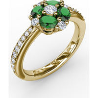 Floral Cluster Ring with Four Oval Emeralds and Pavé Diamond Band by Fana - 1.10 Carat Total Gemstone Weight