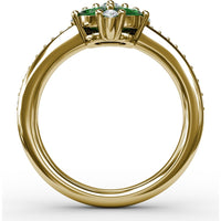 Floral Cluster Ring with Four Oval Emeralds and Pavé Diamond Band by Fana - 1.10 Carat Total Gemstone Weight