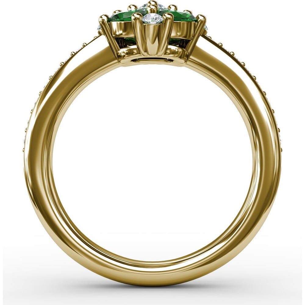 Floral Cluster Ring with Four Oval Emeralds and Pavé Diamond Band by Fana - 1.10 Carat Total Gemstone Weight