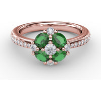 Floral Cluster Ring with Four Oval Emeralds and Pavé Diamond Band by Fana - 1.10 Carat Total Gemstone Weight