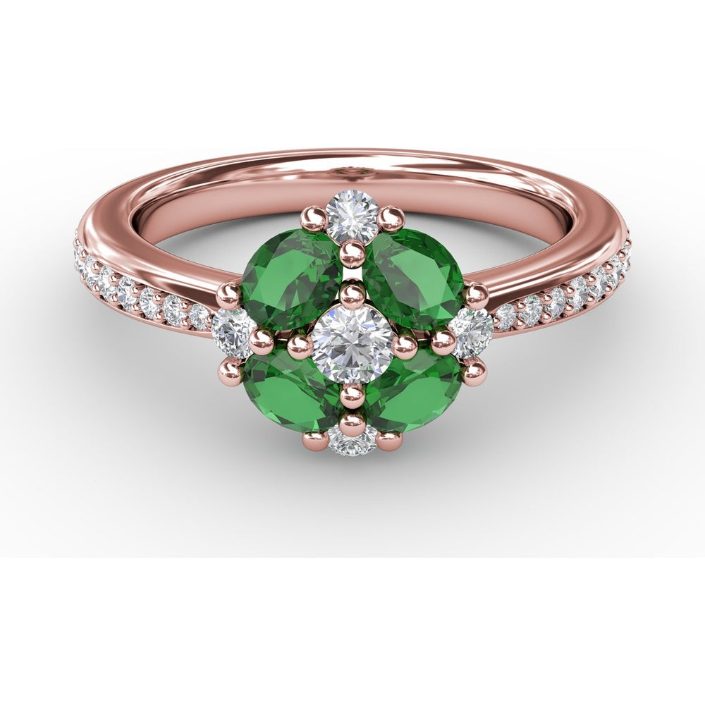 Floral Cluster Ring with Four Oval Emeralds and Pavé Diamond Band by Fana - 1.10 Carat Total Gemstone Weight