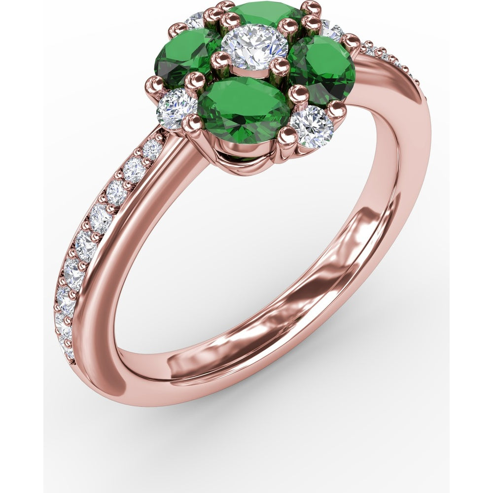 Floral Cluster Ring with Four Oval Emeralds and Pavé Diamond Band by Fana - 1.10 Carat Total Gemstone Weight