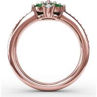 Floral Cluster Ring with Four Oval Emeralds and Pavé Diamond Band by Fana - 1.10 Carat Total Gemstone Weight