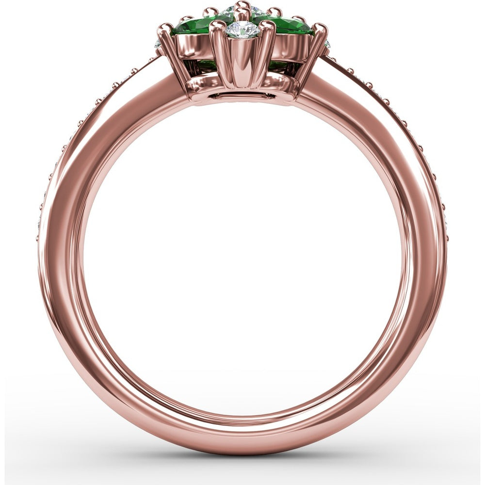 Floral Cluster Ring with Four Oval Emeralds and Pavé Diamond Band by Fana - 1.10 Carat Total Gemstone Weight
