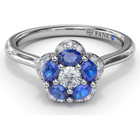 Floral Cluster Ring with Oval Sapphires and Pavé Halo by Fana - 0.82 Carat Total Gemstone Weight