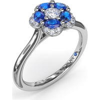 Floral Cluster Ring with Oval Sapphires and Pavé Halo by Fana - 0.82 Carat Total Gemstone Weight