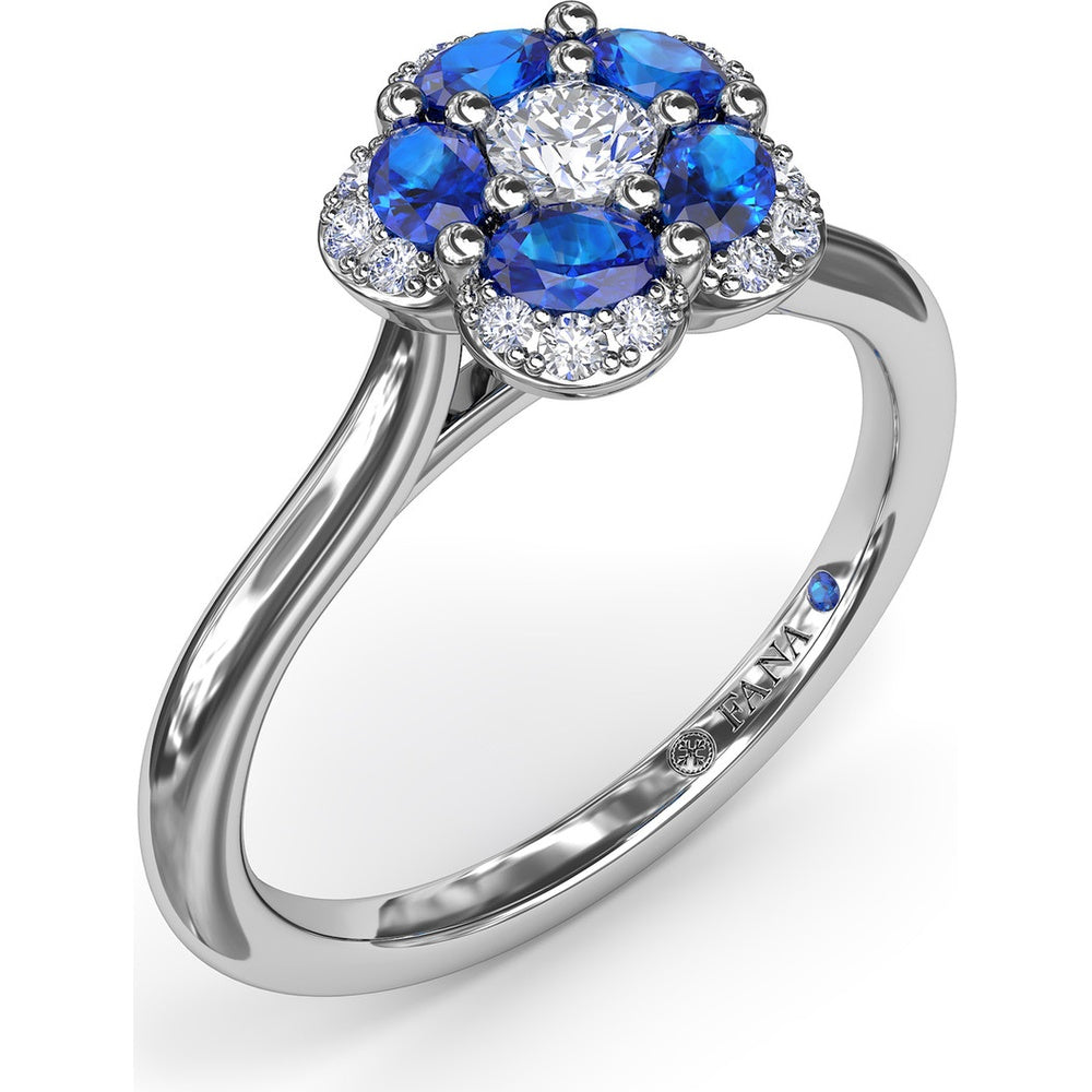 Floral Cluster Ring with Oval Sapphires and Pavé Halo by Fana - 0.82 Carat Total Gemstone Weight