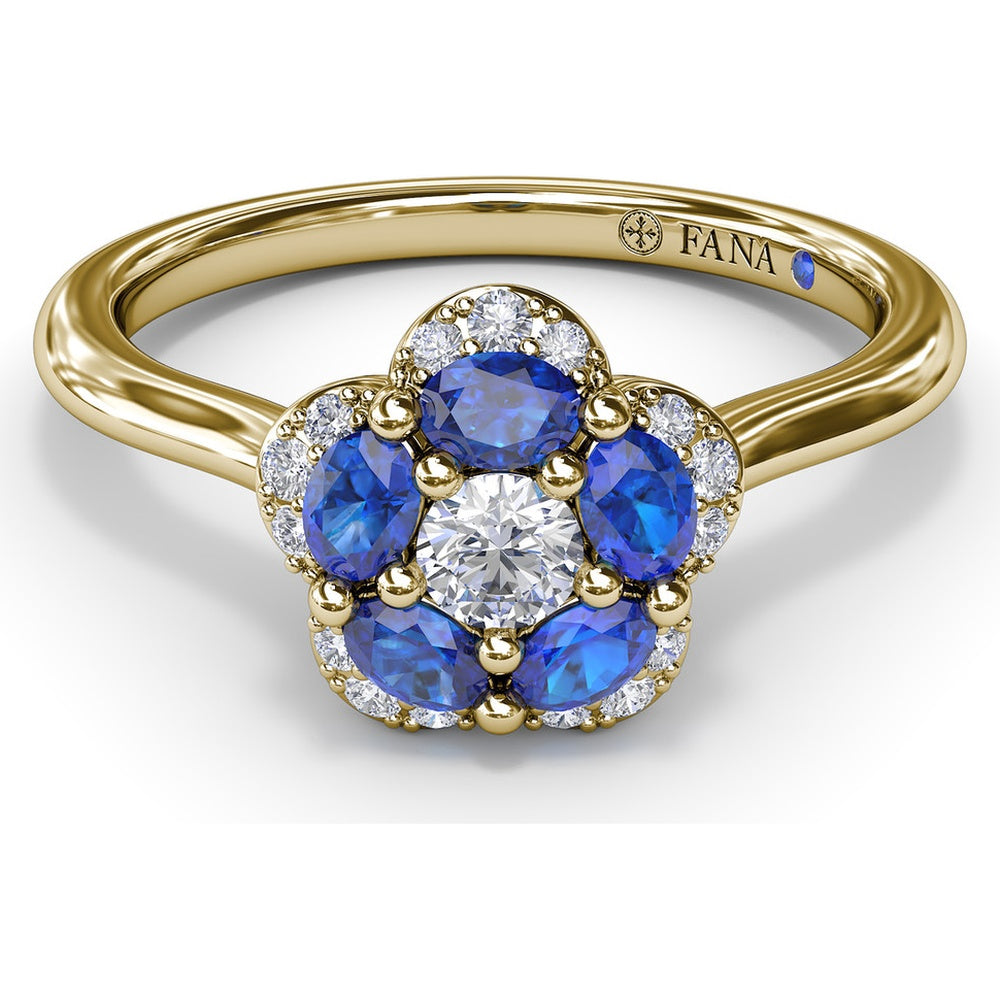 Floral Cluster Ring with Oval Sapphires and Pavé Halo by Fana - 0.82 Carat Total Gemstone Weight