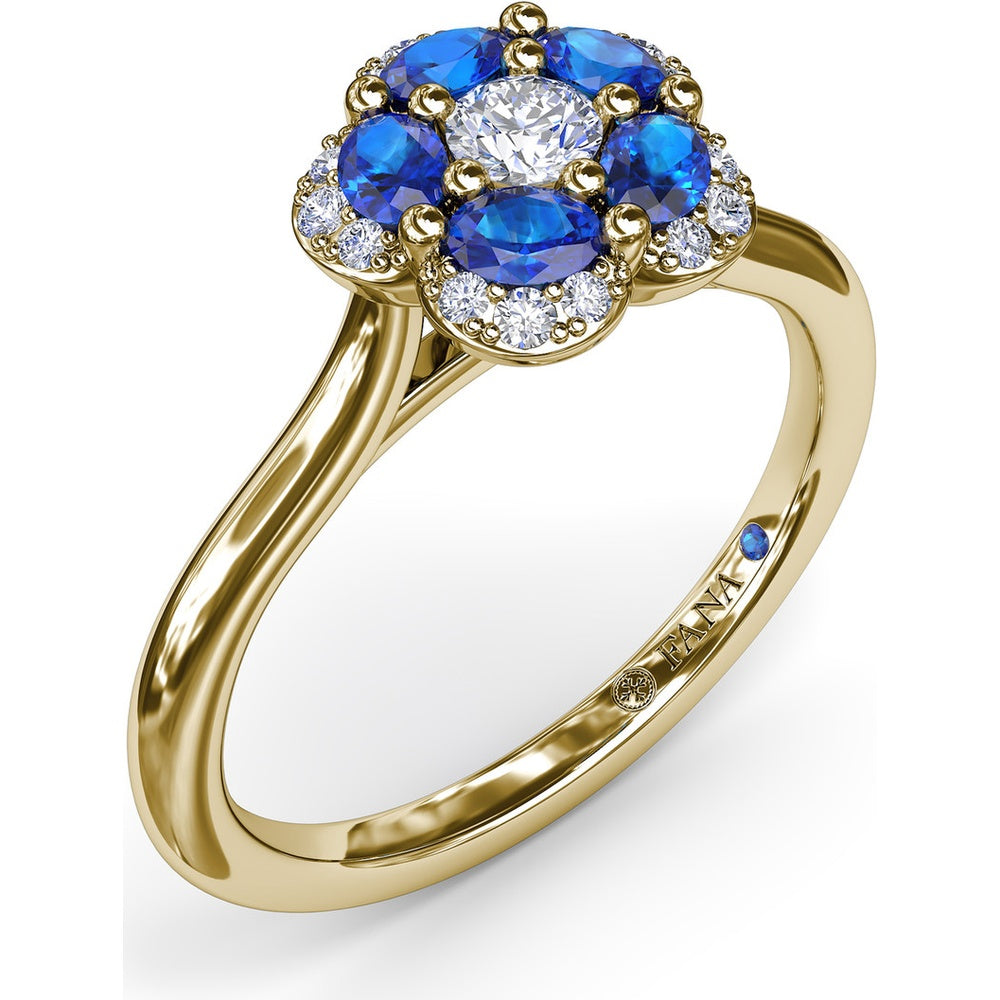 Floral Cluster Ring with Oval Sapphires and Pavé Halo by Fana - 0.82 Carat Total Gemstone Weight