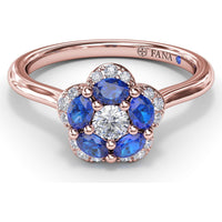 Floral Cluster Ring with Oval Sapphires and Pavé Halo by Fana - 0.82 Carat Total Gemstone Weight
